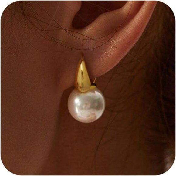 Trendy gold Pearl Huggie-01 earring women 14K plated huggie drop wedding jewelry - Picture 1 of 7